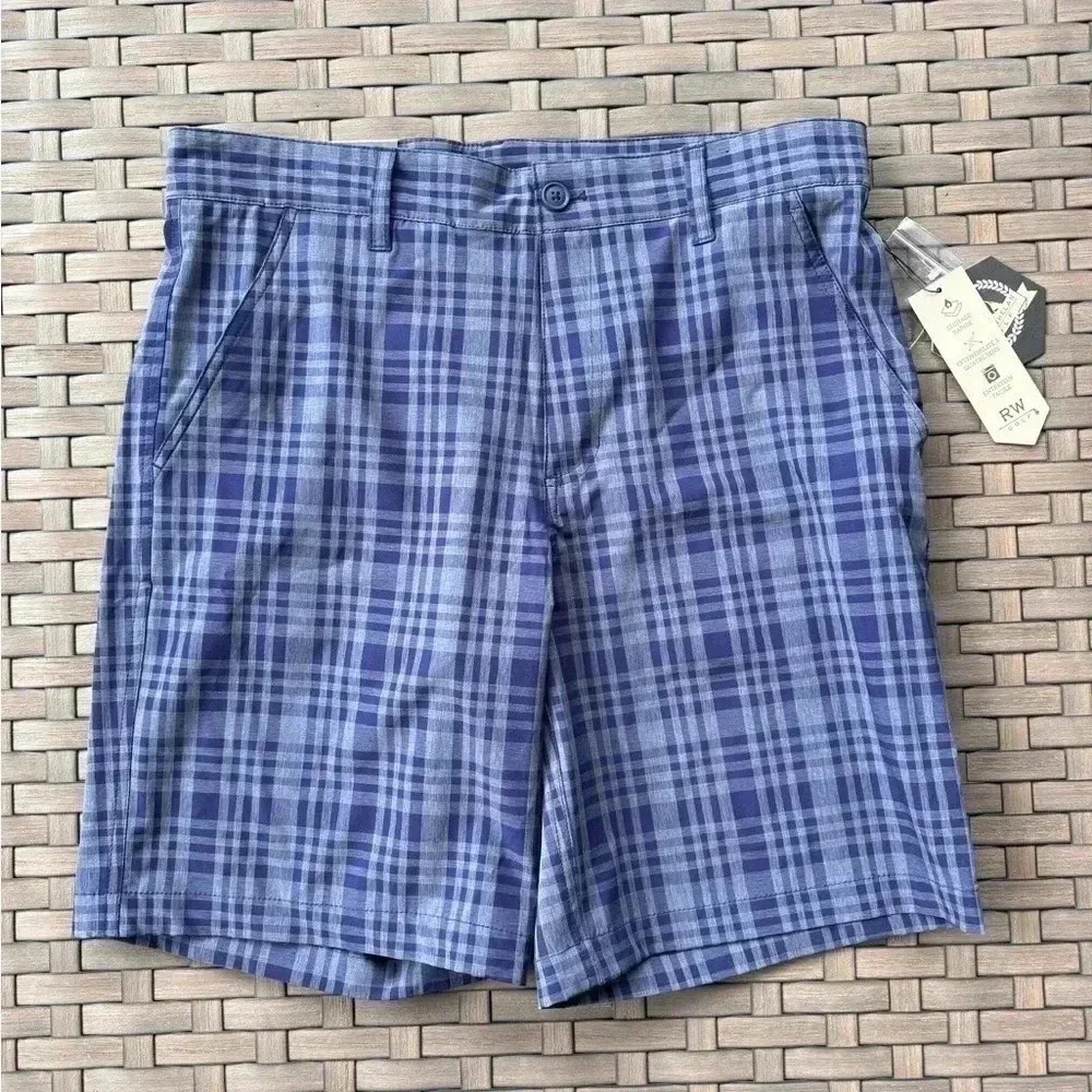 Rorie Whelan NWT Men’s Golf Shorts Size 32 Blue Plaid 9” Inseam Pockets Stretch